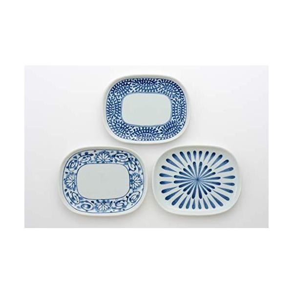 西海陶器Saikaitoki 中皿 ホワイトブルー 約奥13.8幅17.5高1.5cm 焼 古染絵変り楕円取皿3柄組 20313594