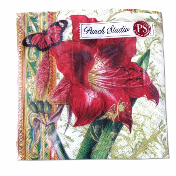 サイズ：縦幅25.0cm×横幅25.0cm（広げた状態）　　　　　3枚重ね/20枚入り/ドイツ製※定形外郵便物OKブランド：Punch Studioデザイン：クリスマス クリスマスカラー アゲハ アマリリス レッド大きな一輪の花が特徴のデザ...