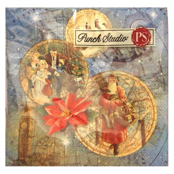 サイズ：縦幅12.7cm×横幅12.7cm　　　　　3枚重ね/20枚入り/ドイツ製※定形外郵便物OKブランド：Punch Studioデザイン：クリスマス レトロ サンタクロース 子ども 花 ポインセチア 地図 青色 赤色パンチスタジオのク...