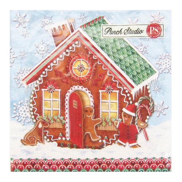 サイズ：縦幅33.0cm×横幅33.0cm（広げた状態）　　　　　3枚重ね/20枚入り/ドイツ製※定形外郵便物OKブランド：Punch Studioデザイン：クリスマス お菓子の家 雪 クッキーパンチスタジオのクリスマス用ペーパーナプキンで...
