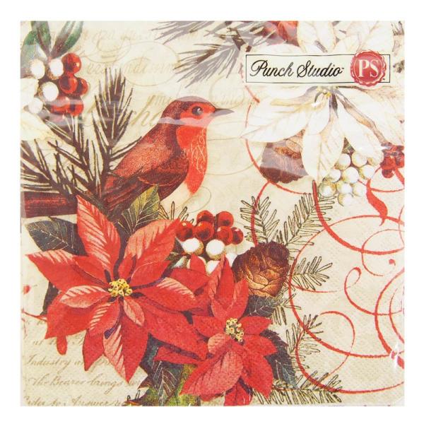 サイズ：縦幅33.0cm×横幅33.0cm（広げた状態）　　　　　3枚重ね/20枚入り/ドイツ製※定形外郵便物OKブランド：Punch Studioデザイン：クリスマス ポインセチア モミの木 コマドリ 鳥パンチスタジオのクリスマス用ペーパ...