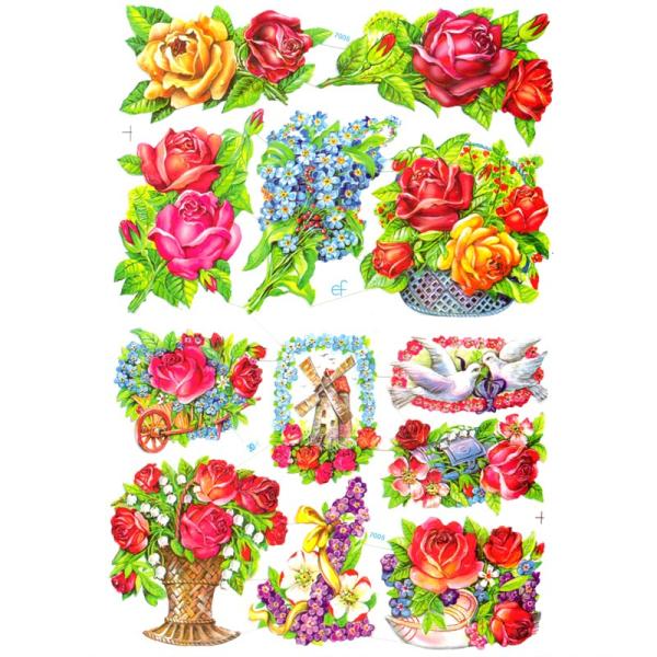 サイズ：約 縦16.5 横23.5(cm)素　材：紙製※定形外郵便物可ブランド：エルンスト・フライホーフデザイン：花 バラ ローズ ハイセンスで美しいクロモス。赤いバラを中心に色々な花が描かれています♪エンボス加工なのでぽこっと浮きでたデザ...