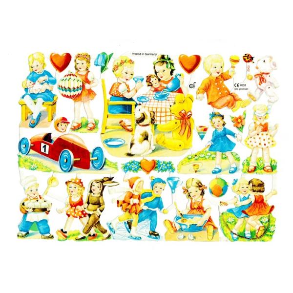 サイズ：23.5×16.5cm素　材：紙製※定形外郵便物可ブランド：エルンスト・フライホーフデザイン：クロモス スクラップシート 子供 少年 少女 結婚ハイセンスで美しいクロモス。おままごとをしている子供たちが描かれています♪とっても楽しそ...