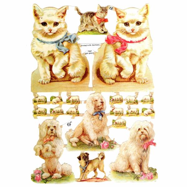 サイズ：23.5×16.5cm素　材：紙製※定形外郵便物可ブランド：エルンスト・フライホーフデザイン：ネコ キャット 犬 ヤギレトロなイラストがデザインされた、ハイセンスで美しいクロモス。リボンを付けた白い猫や犬、小さめの山羊が描かれていま...