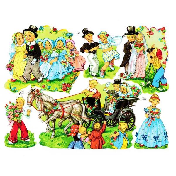 サイズ：23.5×16.5cm素　材：紙製※定形外郵便物可ブランド：エルンスト・フライホーフデザイン：クロモス スクラップシート 子供 少年 少女 結婚ハイセンスで美しい素敵なクロモス。子供たちが結婚式を行う様子が描かれています♪なんだか微...