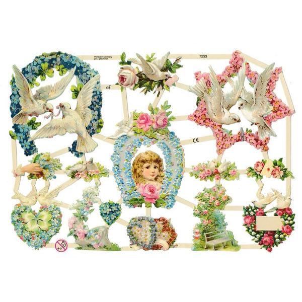 サイズ：23×15cm素　材：紙製※定形外郵便物可ブランド：エルンスト・フライホーフデザイン：鳩 女の子 ハートレトロなイラストがデザインされた、ハイセンスで美しいクロモス。ブルーやピンクの花で作られた美しいリースとハトのイラストが使われて...