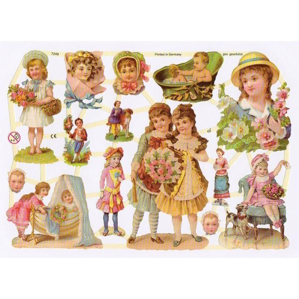 サイズ：23.5×16.5cm素　材：紙製※定形外郵便物可ブランド：エルンスト・フライホーフデザイン：クロモス スクラップシート 女の子  男の子 花 フラワー ヴィクトリアンハイセンスで美しい素敵なクロモス。絵画のような美しい色使いで、い...