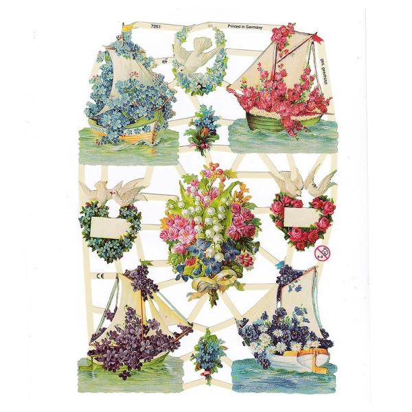 サイズ：約幅23.5×高さ16.0cm素　材：紙製※定形外郵便物OKブランド：エルンスト・フライホーフデザイン：花 フラワー 船 ヨット ハト ブーケレトロなイラストがデザインされた、ハイセンスで美しいクロモス。花で飾られたヨットやブーケ、...