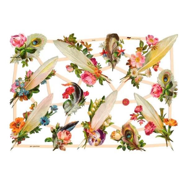 サイズ：23×15cm素　材：紙製※定形外郵便物可ブランド：エルンスト・フライホーフデザイン：フラワー 孔雀 クジャク ピーコックレトロなイラストがデザインされた、ハイセンスで美しいクロモス。様々な種類の鳥の羽根。美しい花のイラストともに描...