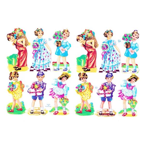 サイズ：約幅23.5×高さ16.0cm素　材：紙製※定形外郵便物可ブランド：マメロックデザイン：クロモス シート 少年 少女 お花ハイセンスで美しいクロモス。お花を持った少年少女を描いています♪色鮮やかな洋服がとてもおしゃれですね♪エンボス...