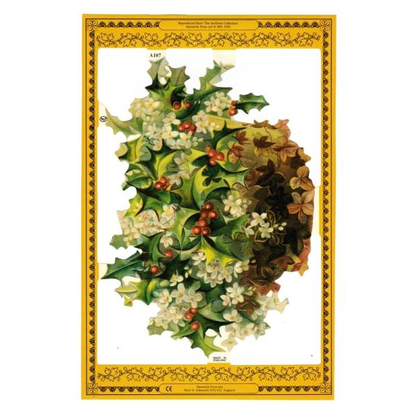 サイズ：約幅23.5×高さ32.5cm素　材：紙製※定形外郵便物OKブランド：マメロックデザイン：クロモス スクラップシート 花束 ブーケ ヒイラギ 柊 クリスマス Xmasレトロなイラストがデザインされた、ハイセンスで美しいクロモス。ヒイ...