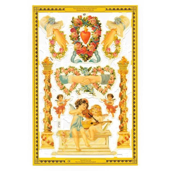 サイズ：23.5×16.5cm×2枚素　材：紙製※定形外郵便物可ブランド：マメロックデザイン：フラワー エンジェル ハート バラ ローズレトロなイラストがデザインされた、ハイセンスで美しいクロモス。シートは折りたたまれています。二面に渡って...