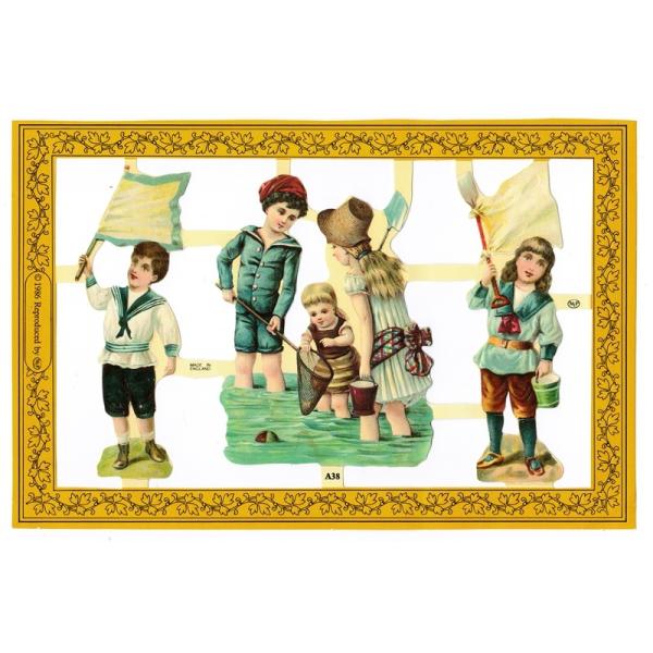 サイズ：約幅23.5×高さ16.0cm素　材：紙製※定形外郵便物OKブランド：マメロックデザイン：クロモス 子供 男の子 女の子ハイセンスで美しいクロモス。セラー服を着て旗を掲げる子供たちと海で遊んでいる子どもたちが描かれています。大変美し...