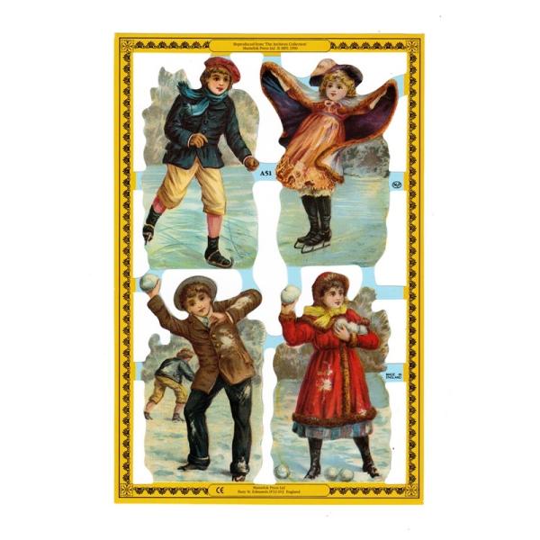 サイズ：約32.5×23.5cm素　材：紙製※定形外郵便物可ブランド：マメロックデザイン：クロモス シート 男の子 女の子 雪 冬 スケートハイセンスで美しいクロモス。ヴィクトリアンな子供たち。スケートで遊ぶ男の子と女の子。雪合戦で遊ぶ男の...