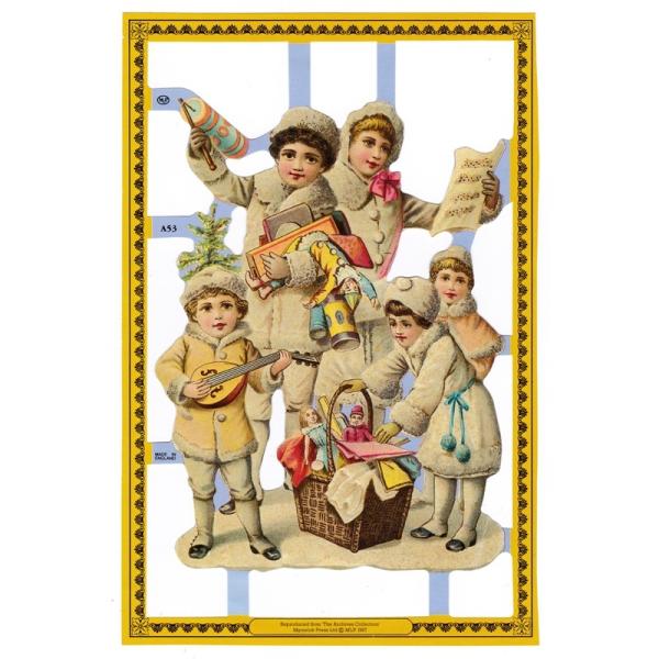 サイズ：約幅23.5×高さ16.0cm素　材：紙製※定形外郵便物OKブランド：マメロックデザイン：クロモス 子供 男の子 女の子 クリスマス 玩具ハイセンスで美しいクロモス。もこもこな洋服を着た子供たち♪プレゼントを抱えたり、楽譜を見つめた...