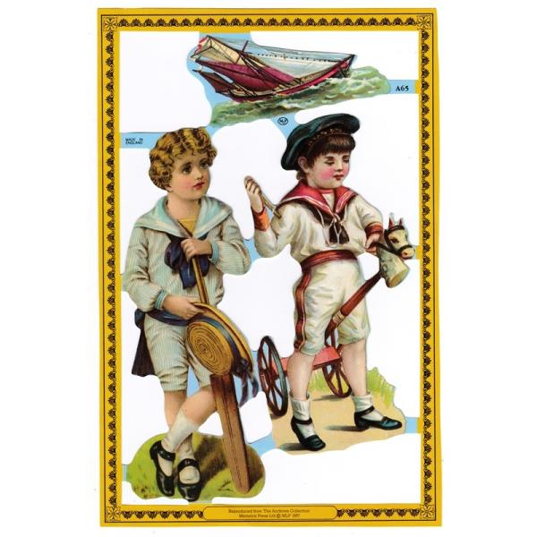 サイズ：約幅23.5×高さ16.0cm素　材：紙製※定形外郵便物可ブランド：マメロックデザイン：クロモス シート 男の子 子供 クリケット 乗馬 ヨットハイセンスで美しいクロモス。セーラー服を着た二人の子供。クリケットと木馬。そして船が描か...