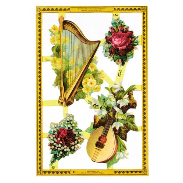 サイズ：約幅23.5×高さ32.5cm素　材：紙製※定形外郵便物OKブランド：マメロックデザイン：クロモス スクラップシート 花 フラワー 花束 ブーケ バラ 薔薇 ローズ 楽器レトロなイラストがデザインされた、ハイセンスで美しいクロモス。...