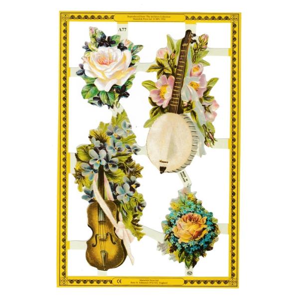 サイズ：約幅23.5×高さ32.5cm素　材：紙製※定形外郵便物OKブランド：マメロックデザイン：クロモス スクラップシート 花 フラワー 花束 ブーケ バラ 薔薇 ローズ 楽器レトロなイラストがデザインされた、ハイセンスで美しいクロモス。...