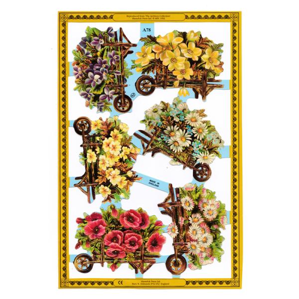 サイズ：約幅23.5×高さ32.5cm素　材：紙製※定形外郵便物OKブランド：マメロックデザイン：クロモス スクラップシート 花 フラワー 台車レトロなイラストがデザインされた、ハイセンスで美しいクロモス。たくさんのお花を積んだ台車が描かれ...