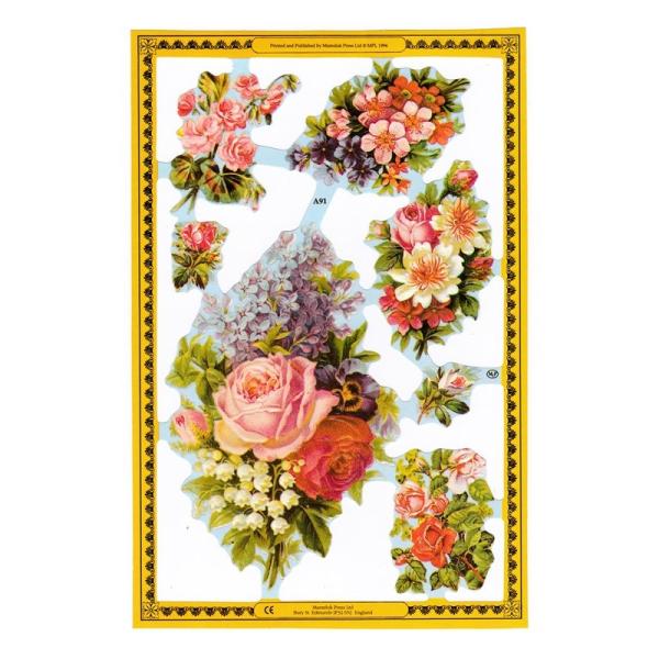 サイズ：約幅23.5×高さ32.5cm素　材：紙製※定形外郵便物OKブランド：マメロックデザイン：バラ 菫 花 花束 ピンク 緑色 青色 白色レトロなイラストがデザインされた、ハイセンスで美しいクロモス。薔薇やスミレなどの花束のイラストが描...