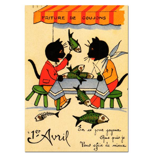 size約縦幅14.5×横幅9.5cm/紙製品※定形外郵便物OKデザイン：魚 猫 フィッシュ１９世紀から２０世紀に送られていたであろうエイプリルフールがモチーフのデザインになっています。新鮮な状態の魚にビックリとしている二匹の猫がとてもいい...