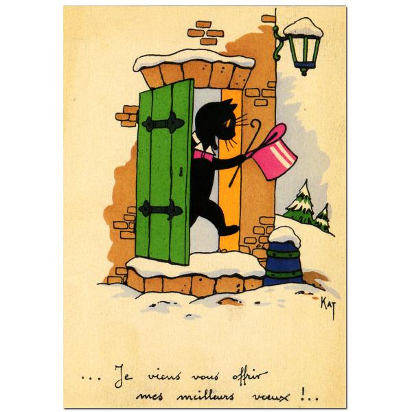 size約縦幅14.5×横幅9.5cm/紙製品※定形外郵便物OKデザイン：ハット帽 猫 ステッキe viens vous offrir mes meilleurs v〓ux !はあなたへ心からのお祝いを申し上げます。という意味のフランス語で...