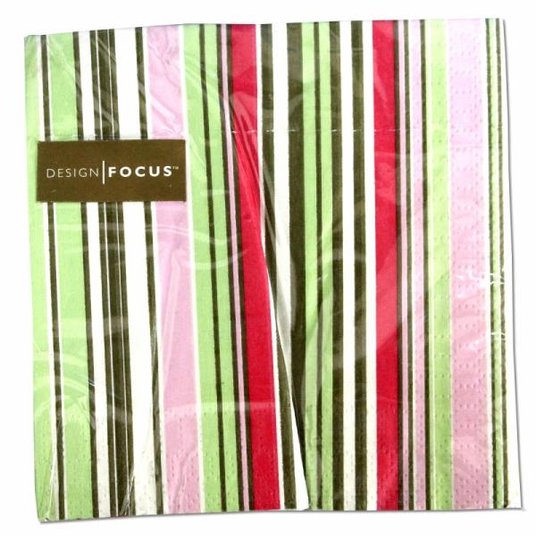 サイズ：12.７cm×1２.7cm　　　　　3枚重ね/20枚入り/中国製※定形外郵便物OKブランド：Punch Studioデザイン：レッド ピンク ライトグリーン  ストライプ中国のメーカーFOCUS製のBeverage Napkinsシ...