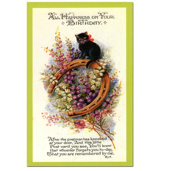 size約縦幅14.5×横幅9.5cm/紙製品※定形外郵便物OKデザイン：黒猫 蹄鉄 ブラック黒猫と蹄鉄が描かれたポストカード。誕生日を幸せに満ちたものである様に祝うメッセージが上と下に添えられた送られた人に幸運を呼び込む一枚です。お手紙と...