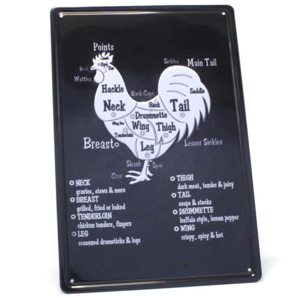 サイズ：約縦20.0×横30.0cm※定形外郵便物OKデザイン：アメリカ ガレージ 看板 ポスター アンティーク調のメタルプレート鶏肉の部位が描かれているアメリカンなメタルプレートです。表面はエンボス加工されている為、光の反射がイラストをよ...