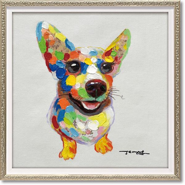 木彫りの日本画風コーギーの壁掛け CORGI（コーギ） 絵画 額入り オイルペイント 「カラフルコーギー