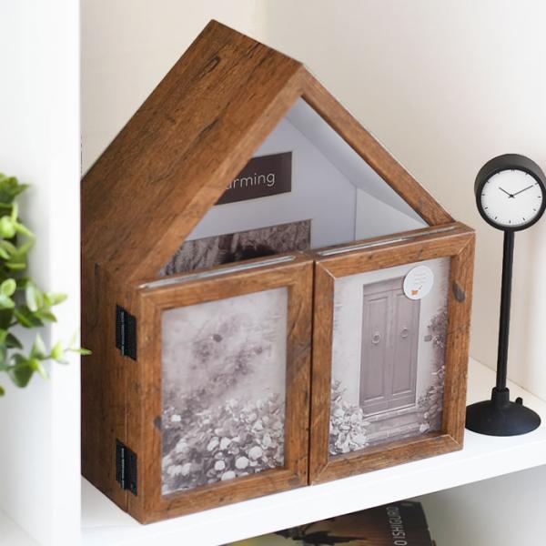 商品名家型フォトフレーム RUS-02商品詳細サイズ閉じた時：約 W21.5×H24×D11.8cm開いた時：約 W42.5×H24×D10cmラベルサイズ8.9×12.7cm（L版）×5枚W9.6×H2.5cm ×1枚 ※付属のあり重量約...