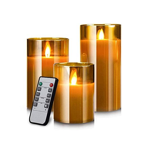 AnnTec LEDキャンドルライト ledグラス ゴールド ロウソク 本物の炎のようにゆらめく3点セット 暖色光 火を使わない ゆらゆら揺れる