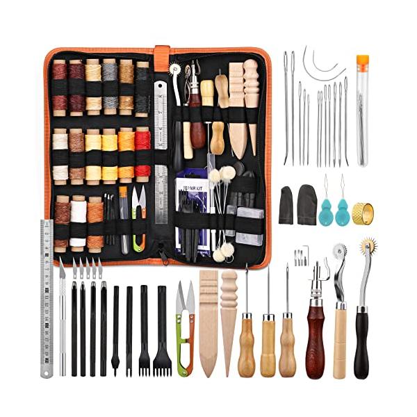 ・ 64 pcs ・・Size:64 pcs・革工具セット内容ステッチンググルーバー、菱目打ち、 蝋引き糸、コバ磨き 研磨ツール、千枚通し、ウールダーバー 、革用手縫針?、指サック 、パンチツール、はさみなど、綺麗なレザークラフトを作ります...