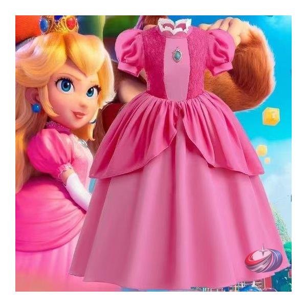 ピーチ姫 ドレス 子供 コスプレ、ピークル可愛らしいピーチ姫風のコスプレドレス、スーパー風のプリンセスコスチューム、クリスマスやイベント用のコスプレ衣装