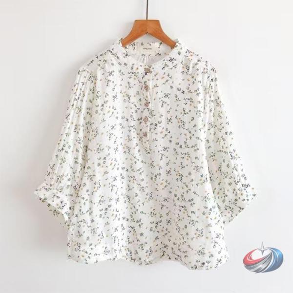 小花柄コットンブラウス レディース 七分袖 バンドカラー ピークル プルオーバー 立ち襟 森ガール カジュアル トップス 春夏 ふんわり 体型カバー ナチュラルに