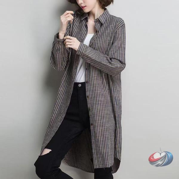 ロング丈ボーダーシャツ レディース シャツワンピース羽織りピークル 体型カバー おしゃれカジュアル チュニックシャツ ストライプ長袖ブラウスとしても着回せる