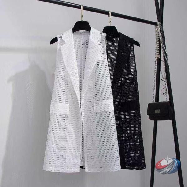 ロングベストレディースメッシュ夏涼しいノースリーブピークル透け感トップス袖なしフォーマルコーディネートスーツベスト風レイヤードでこなれ見え