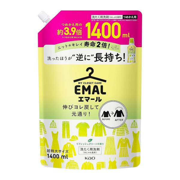 他サイト： エマール 【大容量】 伸びヨレ戻して元通り、洗ったほうが、逆に長持ち! リフレッシュグリーンの香り 詰替え用 1,400mlの商品画像