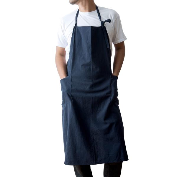 [Chapdaddy] エプロン メンズ専用 撥水加工 カフェ風 リネン配合生地 長尺 すらっとエプロン(ネイビー)