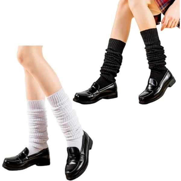 ルーズソックス レディース 制服 コスプレ(2足セット 白＆黒, Free Size)
