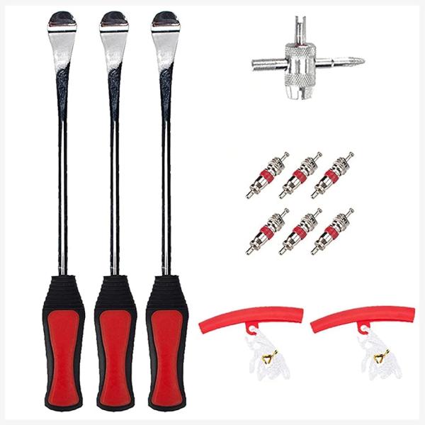 ・タイヤ交換の必需品。タイヤ交換を手組みでする際に必要な、ロングタイプのタイヤレバー３本＋リムプロテクター２個のセット（収納袋付）です。・《タイヤレバー》 タイヤをホイールから脱着する専用の工具です。先端が差し込みやすいスプーン型になってい...