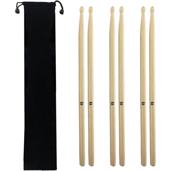 メイプル材製の軽量ドラムスティック5A、3ペアセットです。持ち運びに便利なベルベット収納袋付き。5Aは一般的なサイズなので、初心者からプロまで幅広く使用されています。3ペアセットで、練習用に十分な本数。メイプル材は耐久性があり、長く使えます...
