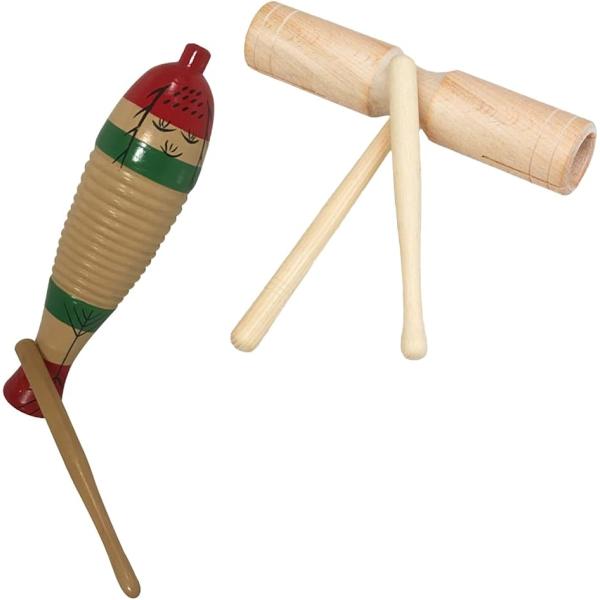ウッドブロック ウッドギロ 楽器 パーカッション 打楽器 音楽 リトミック リズム遊び 演奏 子供 幼児 知育 + セット (ナチュラル)