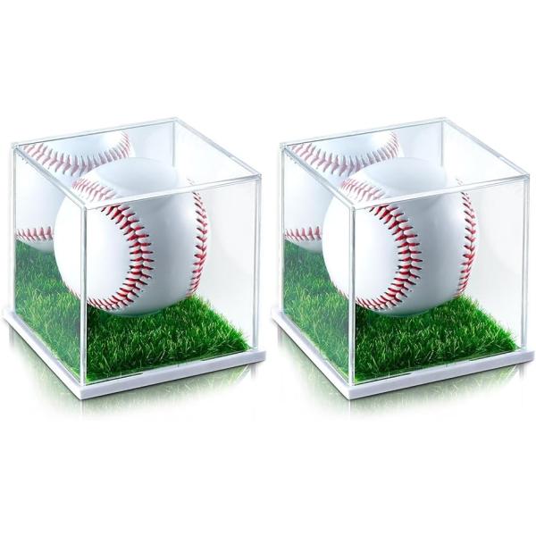 サインボールケース 人工芝 ミラー付き ゴルフ 野球 ホームランボールケース 野球ボールケース アクリル MDM(ホワイト,  2個セット)