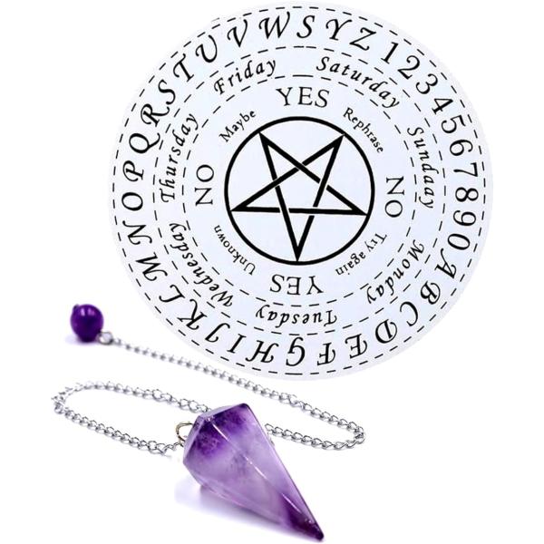バリエーションコード : 2BJ4SNVIGRダウジングチャートと、アメジストの水晶が付いた美しいペンデュラム振り子のセット。チャートシートのカラーはブラックとホワイト、柄はスター(ペンタグラム)とプロビデンスからお選びいただけます。ダウジ...
