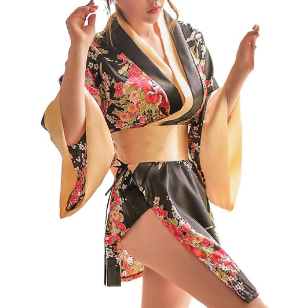 浴衣 3点セット 着物ドレス ミニ コスプレ 花魁 ナイトドレス ランジェリー 和風 衣装 黒 (ブラック,  Free Size)