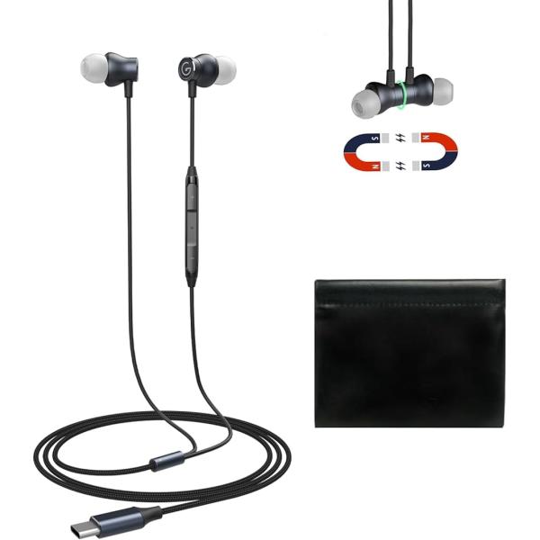 「磁気設計＆収納の便利」磁気吸着なので、一時的にイヤホンを外す場合は、usb-c イヤホンを耳から外してくっ付き、首に掛けるだけでイヤホンが絡まる悩みがなくなり。同梱の収納ポッケト付け、イヤホンをちゃんと収納します。「通話対応」HDマイクと...