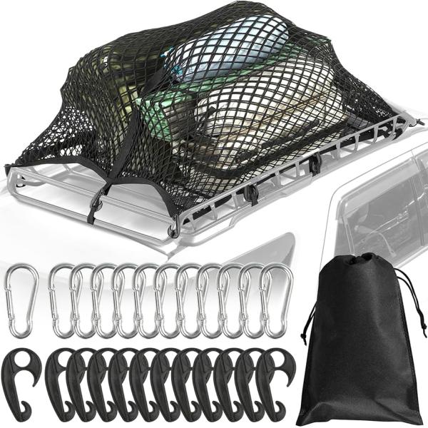 他サイト： カーゴネット 車 90x120cm 2重キャンプインストラクター監修 簡単設置で時短。絡まない。ABS製フックx12 収納ポーチ付属の商品画像