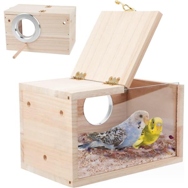 バリエーションコード : 2BJWP58FOG「ドアが開閉できる箱型の巣箱」上部のドアが開閉できるペット用の箱型の巣箱です。鳥かごの外付け用で、インコ、鳩、ハムスター、リスなどのペットに最適です。「透明なので中が見える」透明のアクリル板なの...
