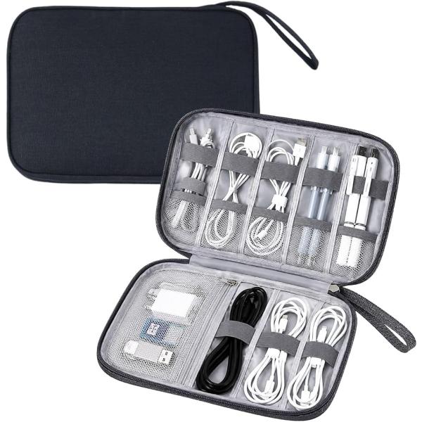 GLOFIN ガジェットポーチ トラベルポーチ PC周辺機器 ケーブル収納 撥水 ポケット 小物入れ 出張 旅行 (スリムブラック)